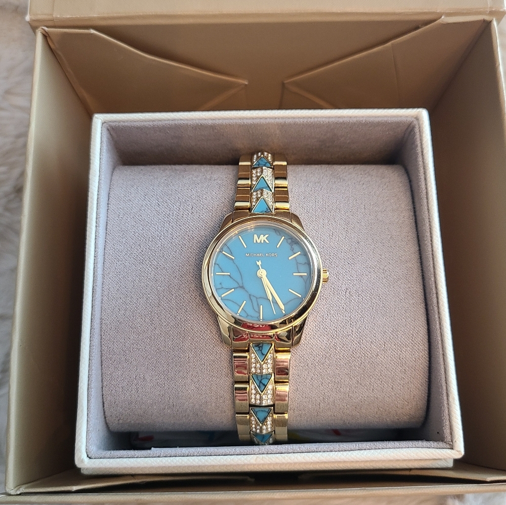 Michael Kors Runway Mercer Turquoise Gold Watch